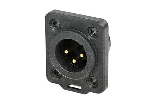 Neutrik Receptacle TOP series 3 pin male - solder - black/gold - IP 65 and UV rated. Use four screws to mount to panel.