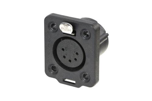 Neutrik Receptacle TOP series 5 pin female - solder - black/gold - IP 65 and UV rated. Use four screws to mount to panel.