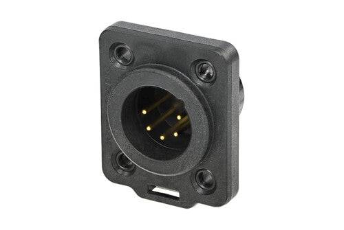 Neutrik Receptacle TOP series 5 pin male - solder - black/gold - IP 65 and UV rated. Use four screws to mount to panel.