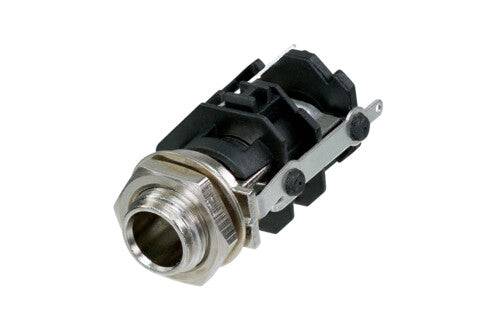 Neutrik REAN ¼ vertical jack, solder lugs, TRS without switching contacts, metal nose, industrial bulk packaging, disassembled nut and washer