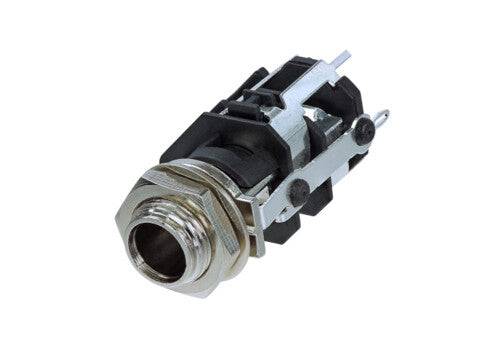 Neutrik REAN ¼ vertical jack, TRS with switching contacts on tip and ring, industrial bulk packaging, disassembled nut and washer