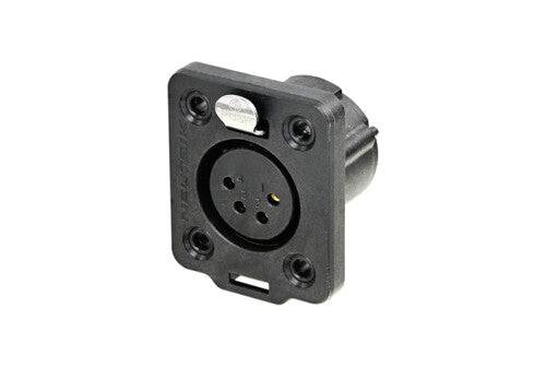 Neutrik Receptacle TOP series 4 pin female - solder - black/gold - IP 65 and UV rated. Use four screws to mount to panel