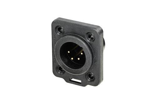 Neutrik Receptacle TOP series 4 pin male - solder - black/gold - IP 65 and UV rated. Use four screws to mount to panel