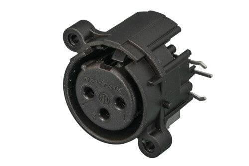 Neutrik Receptacle - A series - XLR 3 pin - female - PCBH right - Pin 1/shell/front panel connected - no ground contact - plastic/gold - latchless