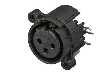Neutrik Receptacle - A series - XLR 3 pin - female - PCBH right - Pin 1/shell/front panel connected - no ground contact - plastic/gold - latchless