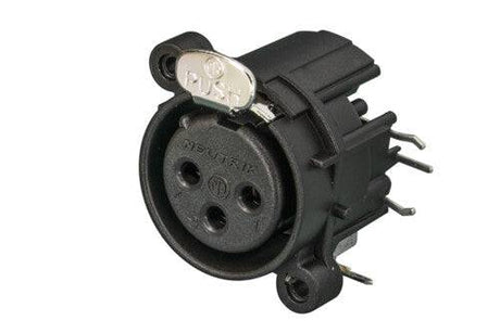 Neutrik Receptacle - A series - XLR 3 pin - female - PCBH right - Pin 1 isolated - ground contact/shell/front panel connected - plastic/gold