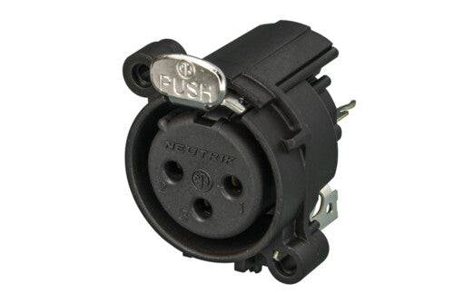 Neutrik Receptacle - A series - XLR 3 pin - female - PCBV - Pin 1/shell/front panel connected - no ground contact - plastic/gold