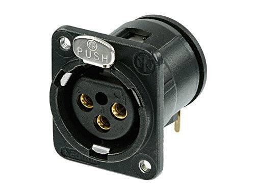 Neutrik Receptacle DM3 series 3 pin male - PCBH - black/gold, with M3 tapped mounting holes