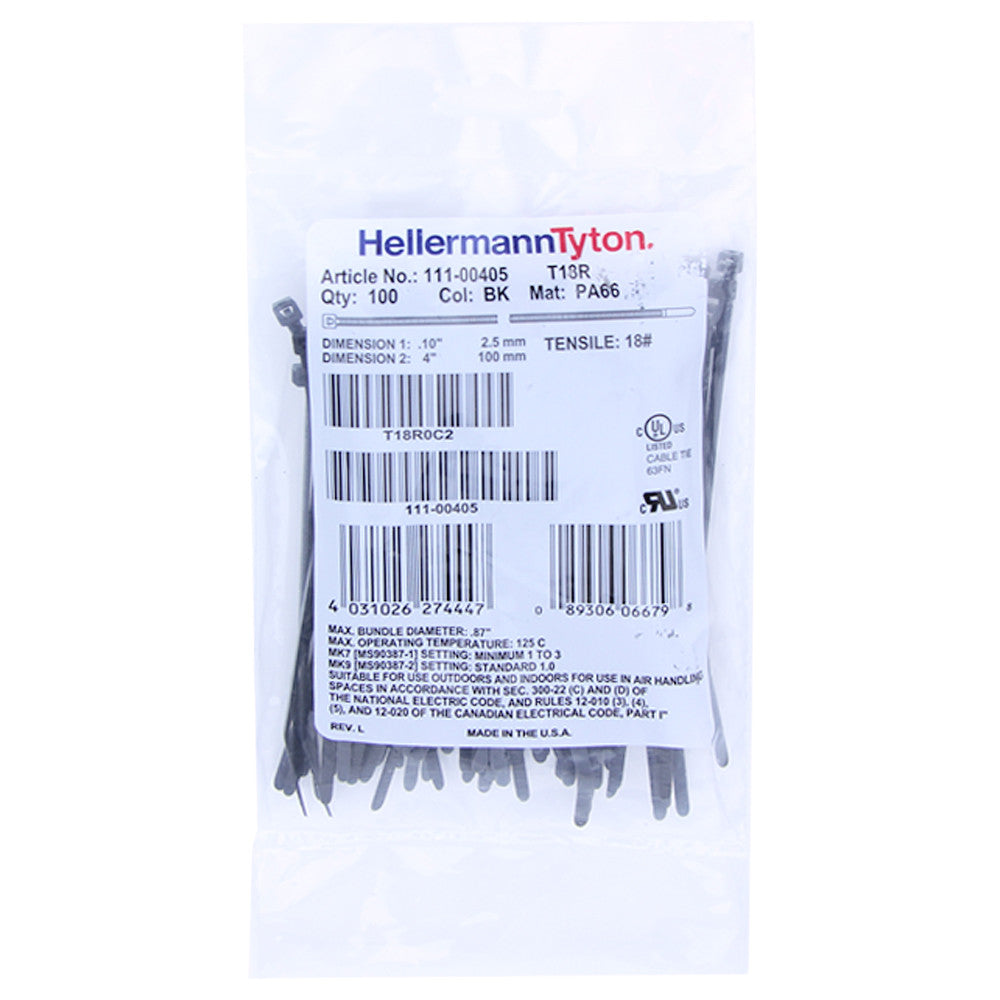 Hellermann Tyton Zip Ties - 4", 18lb, 100 Pack, Black - T18R0C2 - Neon Production Supply