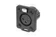 Neutrik Receptacle TOP series 3 pin female - solder - black/gold - IP 65 and UV rated. Use four screws to mount to panel.