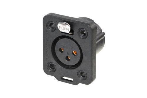 Neutrik Receptacle TOP series 3 pin female - solder - black/gold - IP 65 and UV rated. Use four screws to mount to panel.