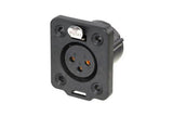 Neutrik Receptacle TOP series 3 pin female - solder - black/gold - IP 65 and UV rated. Use four screws to mount to panel.