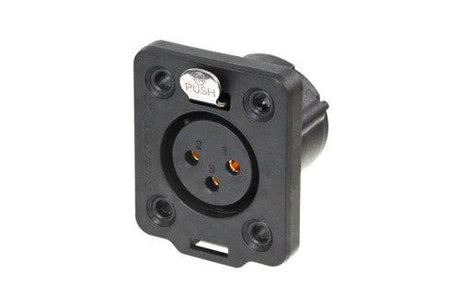 Neutrik Receptacle TOP series 3 pin female - solder - black/gold - IP 65 and UV rated. Use four screws to mount to panel.