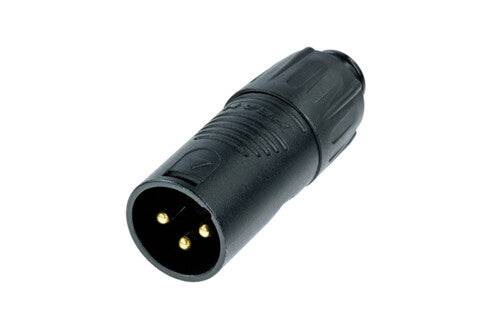 Neutrik REAN adapter TINY XLR male receptacle to male XLR, black housing, gold plated contacts