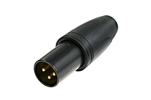 Neutrik Cable end XX-HD series 3 pin male - black chrome/gold with rubber jacket. IP67 rated; bulk