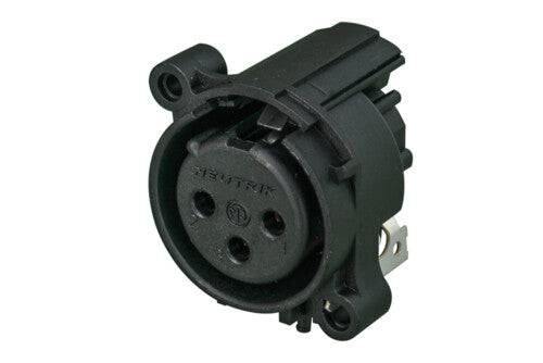 Neutrik Receptacle - AA series - XLR 3 pin - female - PCBH - Pin 1/shell/front panel connected - no ground contact - plastic/gold - latchless