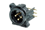 Neutrik Receptacle - B series - XLR 3 pin - male - PCBH RIGHT - Pin 1 isolated - ground/shell/front panel connected - black/gold