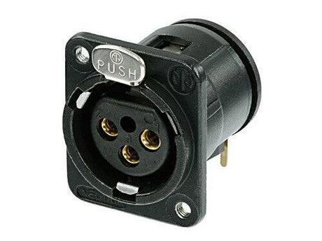 Neutrik Receptacle DM3 series 3 pin female - PCBH - black/gold with M3 tapped mounting holes