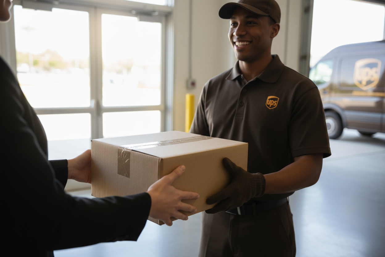 Handing off package to UPS driver