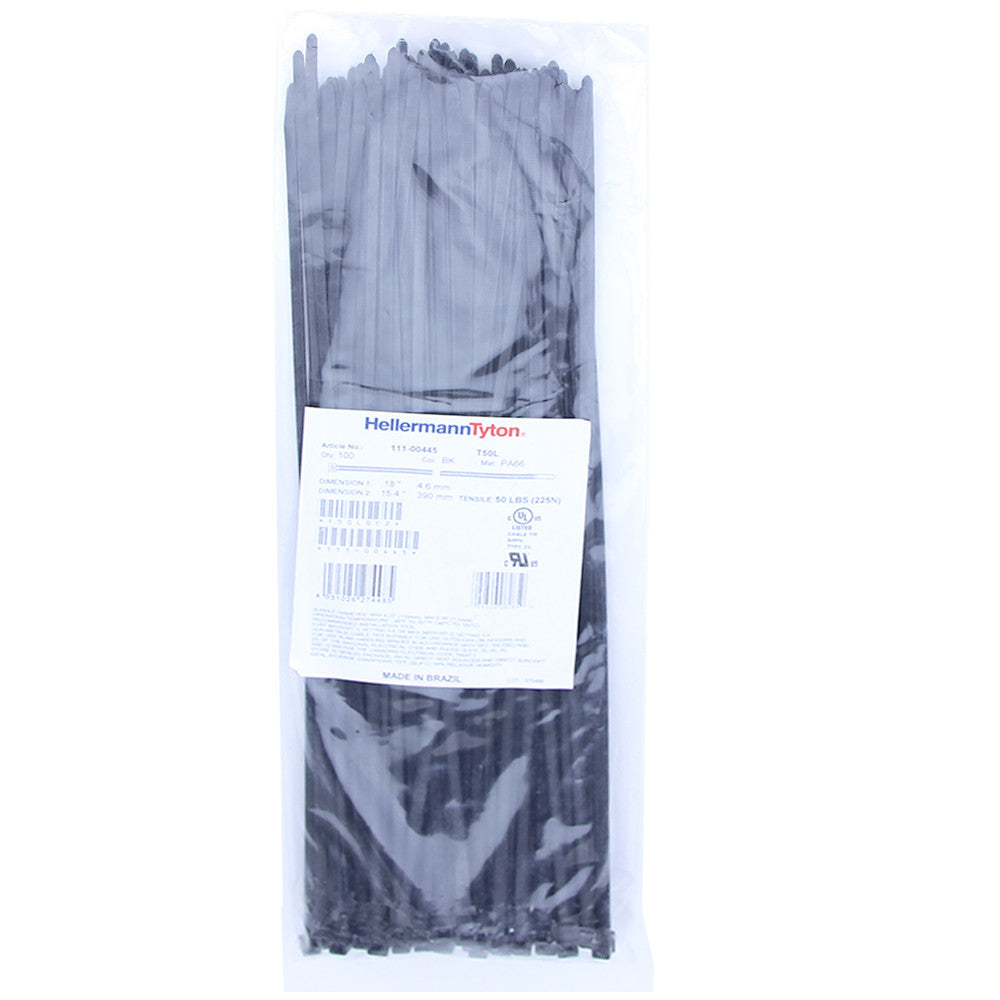 Hellermann Tyton Zip Ties - 15.5", 50lb, 100 Pack, Black - T50L0C2 - Neon Production Supply