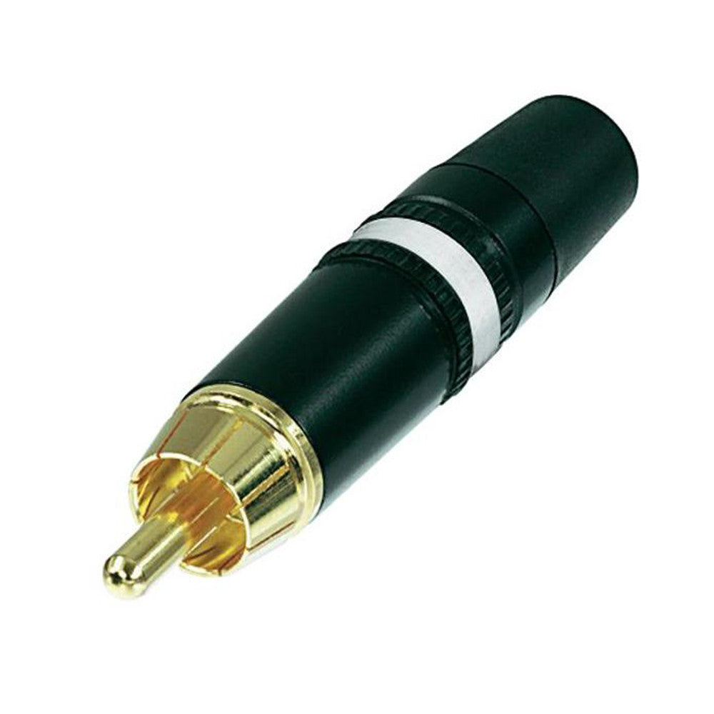 Rean/Neutrik RCA Inline Male Connector - Gold Contacts, White Stripe - NYS373-WE - Neon Production Supply